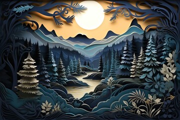 Papercut Forest River Scene in Moonlight. 