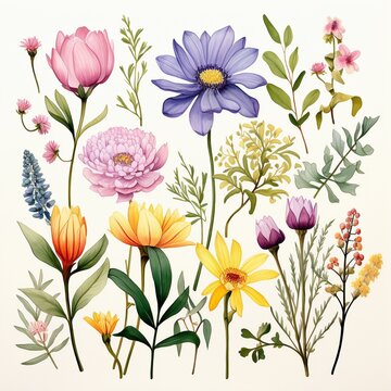 Watercolor wildflower clipart featuring a mix of colorful blooms and greenery