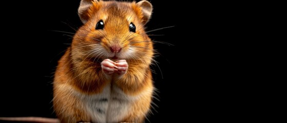  A brown and white hamster standing on its hind legs, its front paws resting on its thighs - obrazy, fototapety, plakaty