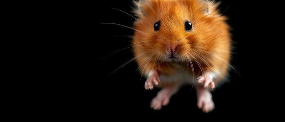   a brown and white hamster, looking directly at the viewer with one open eye against a dark backdrop