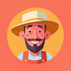 "Sunny Farmer's Sunflower Serenade" features a cartoonish farmer surrounded by vibrant sunflowers, exuding cheer with his friendly , plaid shirt, overalls, large hat, and beaming smile;