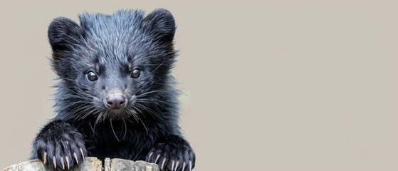  A close-up of a small animal perched on a wooden post, its paws resting on a piece of wood