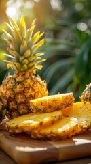 Freshly cut pineapple slices on a wooden board with a sunny outdoor setting