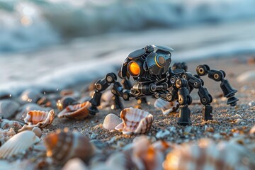 Mechanical explorer on a beach seashells in its grasp