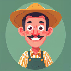 "Sunny Farmer's Sunflower Serenade" features a cartoonish farmer surrounded by vibrant sunflowers, exuding cheer with his friendly , plaid shirt, overalls, large hat, and beaming smile;