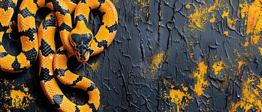  A yellow and black snake coiled atop a yellow and black wooden plank, adorned with yellow and black paint