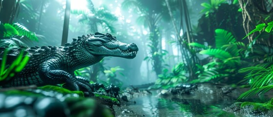  A statue of a crocodile amidst jungle foliage, surrounded by a winding stream and swaying palm trees - obrazy, fototapety, plakaty