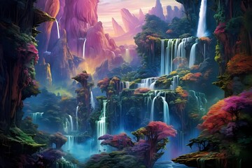 Sparkling waterfalls flowing through a lush mountainous terrain, creating a mesmerizing tapestry of colors - obrazy, fototapety, plakaty