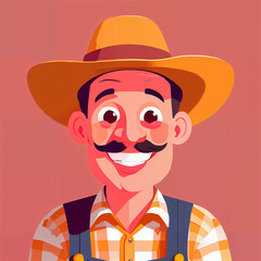 "Sunny Farmer's Sunflower Serenade" features a cartoonish farmer surrounded by vibrant sunflowers, exuding cheer with his friendly , plaid shirt, overalls, large hat, and beaming smile;