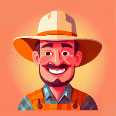 "Sunny Farmer's Sunflower Serenade" features a cartoonish farmer surrounded by vibrant sunflowers, exuding cheer with his friendly , plaid shirt, overalls, large hat, and beaming smile;