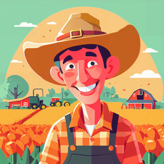 "Sunny Farmer's Sunflower Serenade" features a cartoonish farmer surrounded by vibrant sunflowers, exuding cheer with his friendly , plaid shirt, overalls, large hat, and beaming smile;