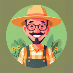 "Sunny Farmer's Sunflower Serenade" features a cartoonish farmer surrounded by vibrant sunflowers, exuding cheer with his friendly , plaid shirt, overalls, large hat, and beaming smile;