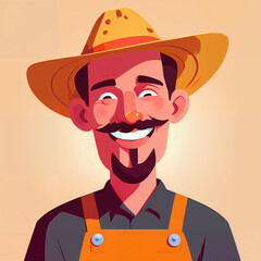 "Sunny Farmer's Sunflower Serenade" features a cartoonish farmer surrounded by vibrant sunflowers, exuding cheer with his friendly , plaid shirt, overalls, large hat, and beaming smile;