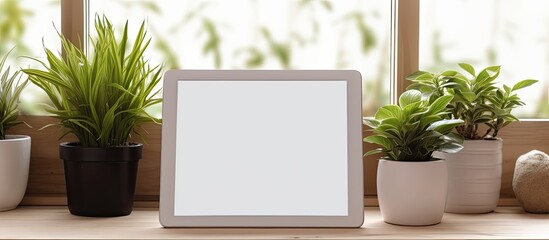 Three green potted plants sit on a sunny window sill next to a digital tablet, bringing a touch of nature indoors