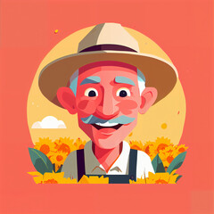 "Sunny Farmer's Sunflower Serenade" features a cartoonish farmer surrounded by vibrant sunflowers, exuding cheer with his friendly , plaid shirt, overalls, large hat, and beaming smile;
