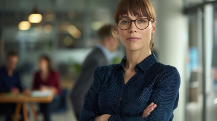 A bespectacled professional stands confidently in an office setting.