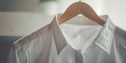 Ready to Wear: close-up of classic Shirt on Hanger. A neatly pressed formal dress shirt hangs on a hanger.