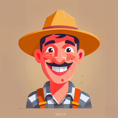 "Sunny Farmer's Sunflower Serenade" features a cartoonish farmer surrounded by vibrant sunflowers, exuding cheer with his friendly , plaid shirt, overalls, large hat, and beaming smile;
