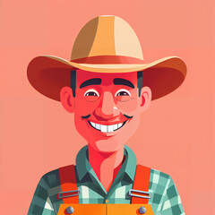 "Sunny Farmer's Sunflower Serenade" features a cartoonish farmer surrounded by vibrant sunflowers, exuding cheer with his friendly , plaid shirt, overalls, large hat, and beaming smile;