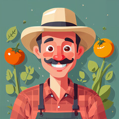 "Sunny Farmer's Sunflower Serenade" features a cartoonish farmer surrounded by vibrant sunflowers, exuding cheer with his friendly , plaid shirt, overalls, large hat, and beaming smile;