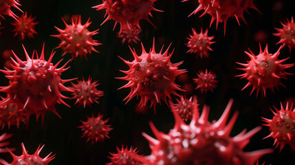 red virus particle with protruding spike proteins.