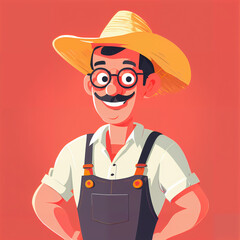 "Sunny Farmer's Sunflower Serenade" features a cartoonish farmer surrounded by vibrant sunflowers, exuding cheer with his friendly , plaid shirt, overalls, large hat, and beaming smile;