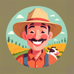 "Sunny Farmer's Sunflower Serenade" features a cartoonish farmer surrounded by vibrant sunflowers, exuding cheer with his friendly , plaid shirt, overalls, large hat, and beaming smile;