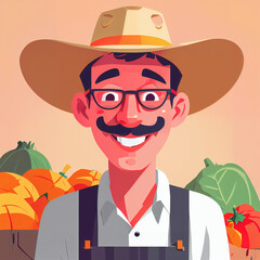 "Sunny Farmer's Sunflower Serenade" features a cartoonish farmer surrounded by vibrant sunflowers, exuding cheer with his friendly , plaid shirt, overalls, large hat, and beaming smile;