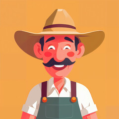 "Sunny Farmer's Sunflower Serenade" features a cartoonish farmer surrounded by vibrant sunflowers, exuding cheer with his friendly , plaid shirt, overalls, large hat, and beaming smile;