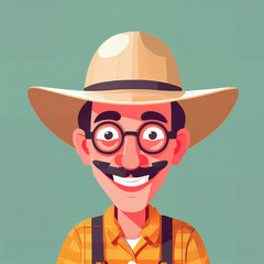 "Sunny Farmer's Sunflower Serenade" features a cartoonish farmer surrounded by vibrant sunflowers, exuding cheer with his friendly , plaid shirt, overalls, large hat, and beaming smile;