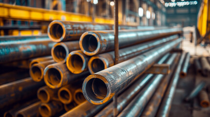 production of industrial cast iron pipes. Pile of pipes.