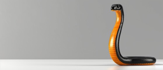  A black and orange snake lies on a white table, beside a gray wall, with a gray backdrop