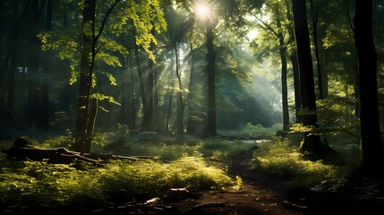 A hidden grove within the forest, where beams of sunlight pierce through the dense canopy, illuminating the lush undergrowth.