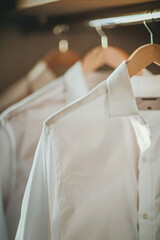 Ready to Wear: close-up of classic Shirt on Hanger. A neatly pressed formal dress shirt hangs on a hanger.