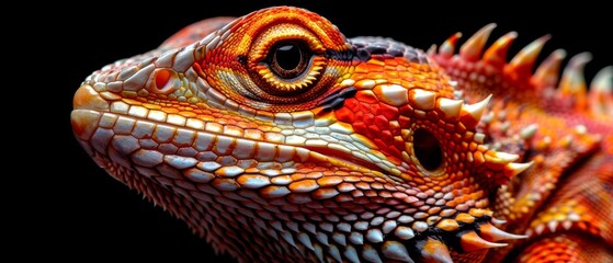  A close-up photo of a lizard's head, featuring orange and yellow stripes on its body against a dark backdrop