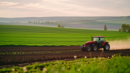Obraz premium Tractor drives on a green field, plowing the soil, preparing to plant new crops