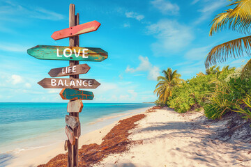 Signpost with words Love, Life Balance on the tropical beach. 