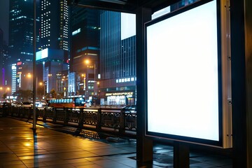 Blank White Vertical Digital Billboard at Night Bus Stop in City with Blurred Skyscrapers