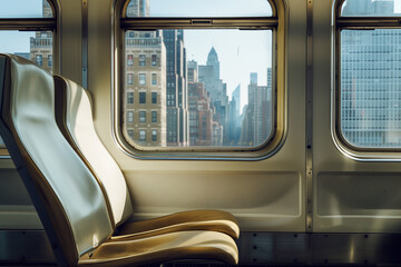 Window seats inside a subway train in New York City. View of New York from overground metro.