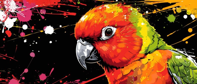  A detailed photo of a colorful parrot against a black backdrop with splotches of paint, showcasing its vibrant colors and unique texture