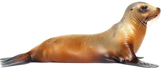Poster  A close-up photograph of a sea lion lying on its back with its mouth open and tongue extended © Wall