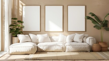 Interior of living room with picture frame mockup on wall, 3d render. AI generative.