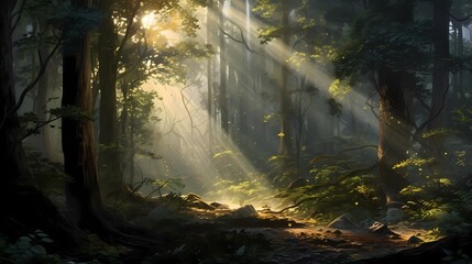 A hidden grove within the forest, where beams of sunlight pierce through the dense canopy, illuminating the lush undergrowth. - obrazy, fototapety, plakaty