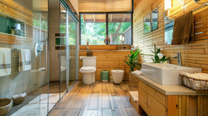 An eco-friendly bathroom featuring sustainable materials like bamboo flooring, low-flow fixtures,...