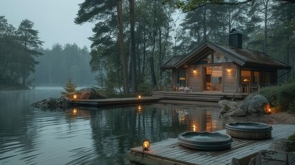 An exclusive outdoor spa with hot tubs, a natural shower, and sauna, located by a lake
