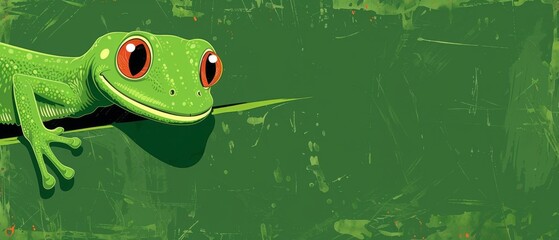  A green frog, with red eyes, sits on a green branch and stares curiously at the camera - obrazy, fototapety, plakaty