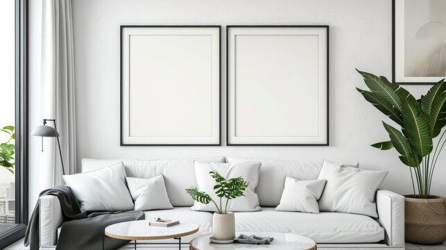 Modern living room interior with mock up poster frame. 3d illustration. Ai generative.
