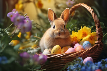 Fototapeta na wymiar Easter Bunny Amidst Spring Flowers with Colorful Eggs