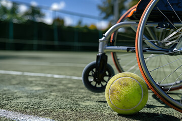 Accessible sport banner. tennis ball next to wheel wheelchair on tennis court. Wheelchair tennis.