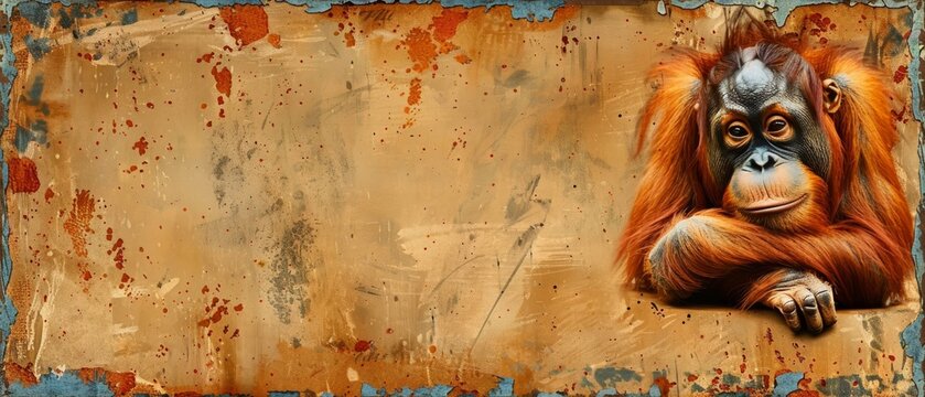  A rustic painting depicts an orangutan on a weathered steel platform against a gritty backdrop